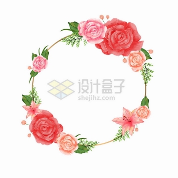 鲜红色的玫瑰花百合花组成的婚礼花环文本框标题框png图片免抠矢量素材