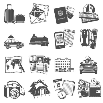 黑白色风格的旅行箱明信片护照等旅游用品图片免抠矢量素材