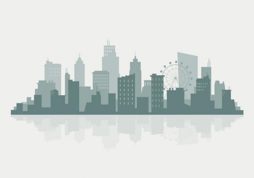 墨绿色城市建筑天际线轮廓倒影图片免抠矢量图素材