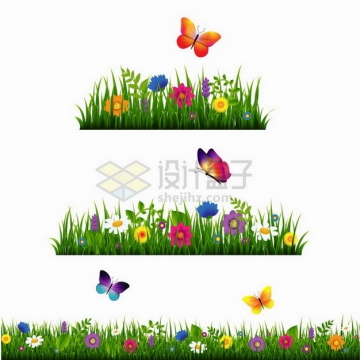 三款绿草从中盛开的花朵和飞舞的蝴蝶装饰png图片免抠矢量素材