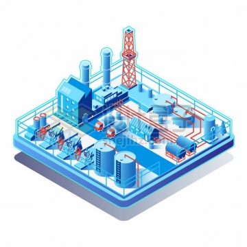 2.5D蓝色石油田石油开采炼油厂化工厂厂房建筑png图片素材