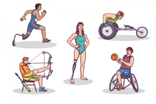 5种不同的残疾人运动会项目跑步轮椅射箭和篮球手绘插画免抠矢量图片素材
