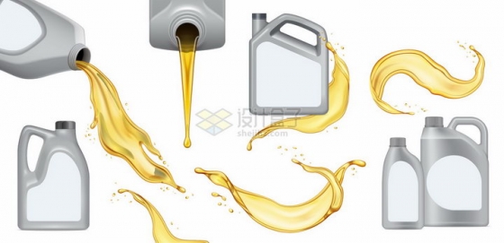 各种倒出来的汽车润滑油机油桶和金黄色的液体机油png图片素材