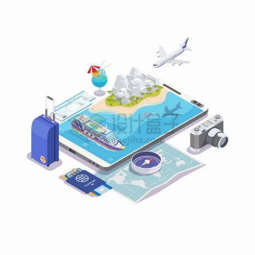 2.5D风格手机上的海岛旅游游轮飞机行李箱护照地图照相机等png图片免抠矢量素材