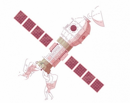 手绘风格在空间站外面维修飞船的宇航员png图片免抠eps矢量素材