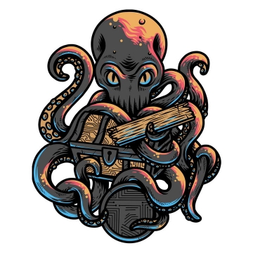 漫画风格守护宝箱的章鱼怪图片免抠矢量素材