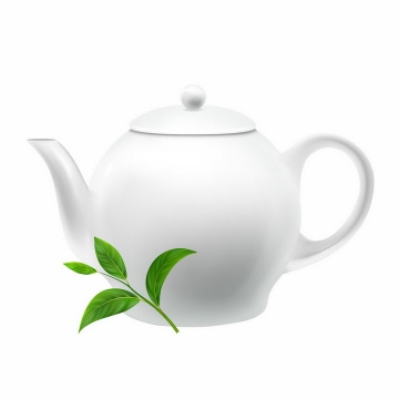 茶叶叶子和白色陶瓷茶壶茶具用品png图片免抠eps矢量素材