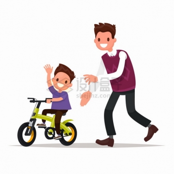 小男孩正在爸爸的陪伴下学骑自行车扁平插画png图片免抠矢量素材