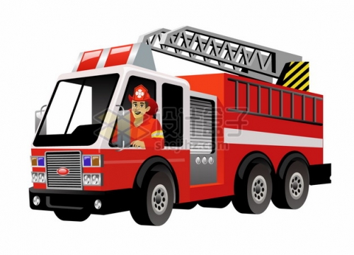 卡通消防员驾驶着一辆云梯消防车png图片素材