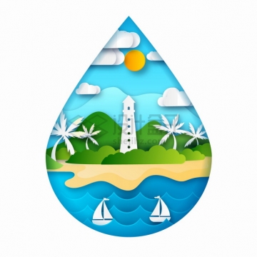 大海沙滩灯塔热带海岛旅游水滴形剪纸叠加风格png图片素材