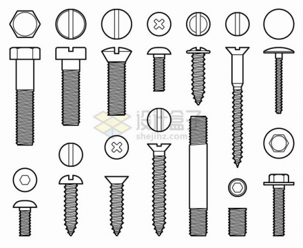 线条风格各种规格的螺丝钉螺栓螺母钉子等png图片免抠矢量素材