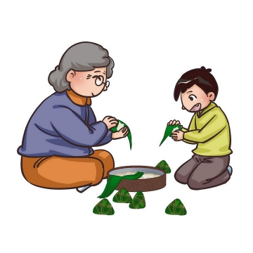 手绘卡通风格和奶奶一起包粽子端午节配图素材