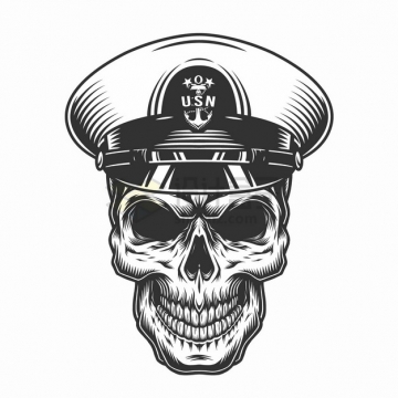 戴着海军军帽的骷髅头手绘插画png图片素材