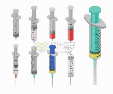 9款2.5D风格带针头的一次性塑料注射器医疗用品png图片免抠矢量素材