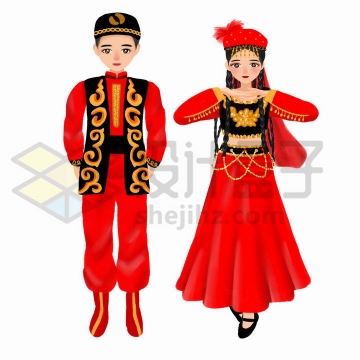 卡通维吾尔族少女少年传统服饰少数民族png图片免抠素材