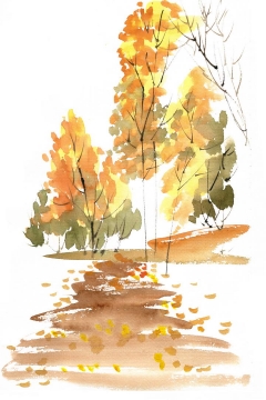 水墨画风格秋天的树林和小路风景图免抠PNG图片素材