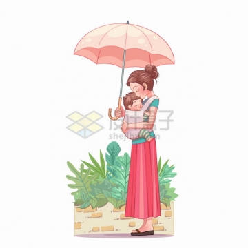 妈妈怀里抱着宝宝打着雨伞太阳伞亲子关系母亲节卡通插画png图片素材
