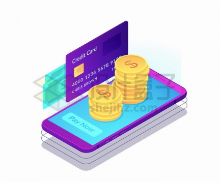 紫色手机上的金币银行卡信用卡象征了移动支付png图片免抠矢量素材