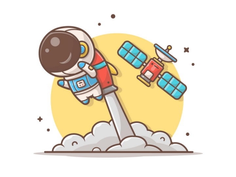 可爱卡通背着火箭的宇航员和卫星宇宙太空探索图片免抠素材