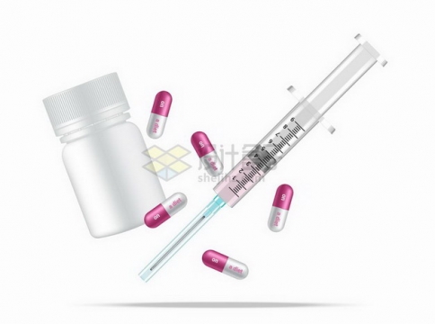 一次性注射器红色胶囊药丸和空白药瓶医疗用品png图片免抠矢量素材