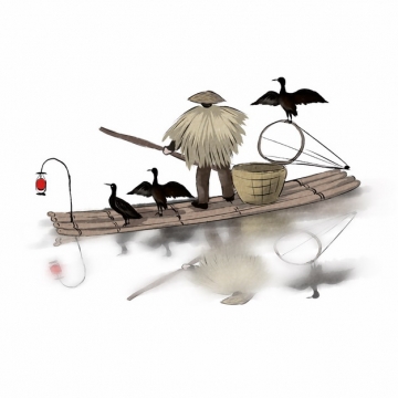 架着竹筏用鸬鹚捕鱼的渔夫中国传统水墨画471823 png图片素材