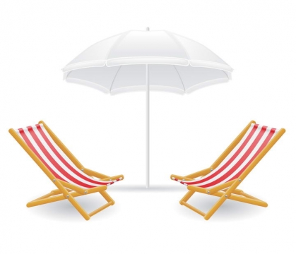 白色遮阳伞沙滩伞下面的两张沙滩椅图片免抠素材