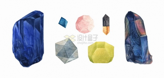 各种蓝水晶黄水晶钻石宝石水彩插画png图片素材