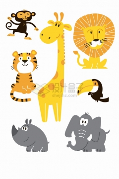 超可爱的猴子老虎长颈鹿狮子巨嘴鸟犀牛大象卡通儿童插画png图片素材
