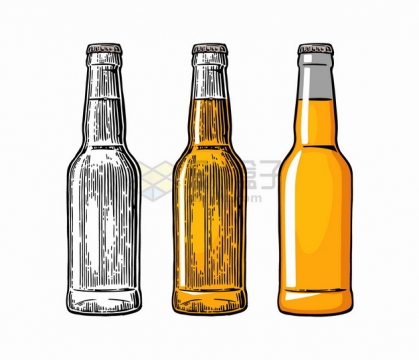 啤酒瓶刻板画和彩色插画png图片素材