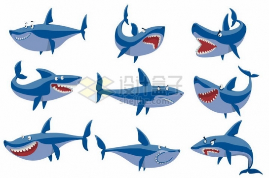 9款可爱的卡通鲨鱼png图片免抠矢量素材