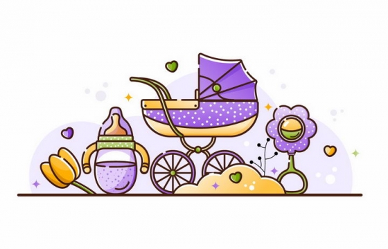 MBE风格紫色婴儿车奶瓶等婴儿用品png图片免抠素材