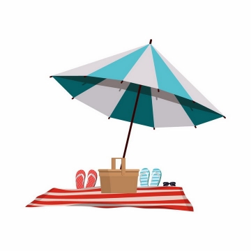 扁平化风格蓝色白色相间的遮阳伞和沙滩鞋png图片免抠eps矢量素材
