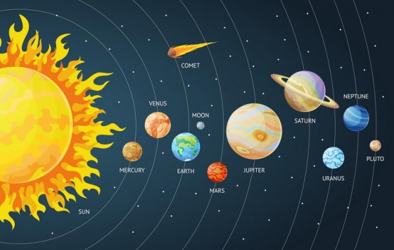高光风格太阳系结构图九大行星排列图天文科普图片免抠素材