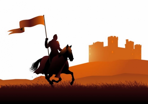 黑色插画风格骑马的骑士和西方城堡剪影png图片免抠素材