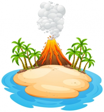 小岛上喷发的火山以及椰子树树林和沙滩自然景观图片免抠矢量素材