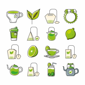 16款绿色手绘风格袋泡茶包茶叶等饮料png图片免抠eps矢量素材