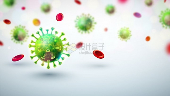 微观绿色新型冠状病毒肺炎和红细胞长方形背景png图片免抠矢量素材