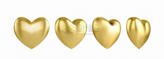 金色3D立体心形气球的4个不同角度png图片素材