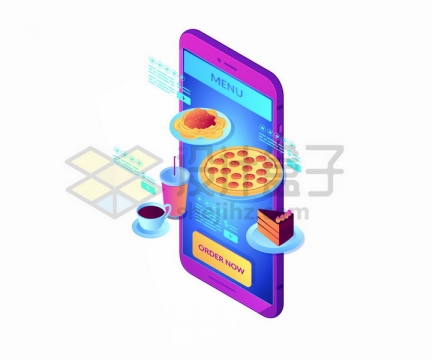2.5D风格智能手机上的外卖订餐png图片免抠矢量素材