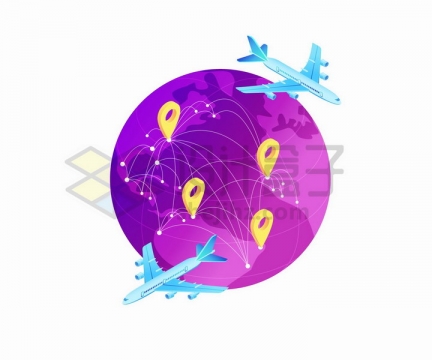 紫色地球模型和定位图标以及蓝色飞机世界旅行png图片免抠矢量素材