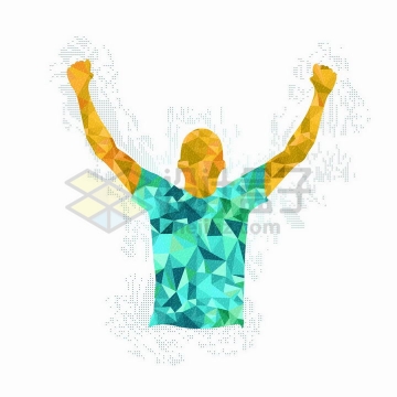 彩色多边形组成的高举双手欢呼胜利的运动员png图片免抠矢量素材