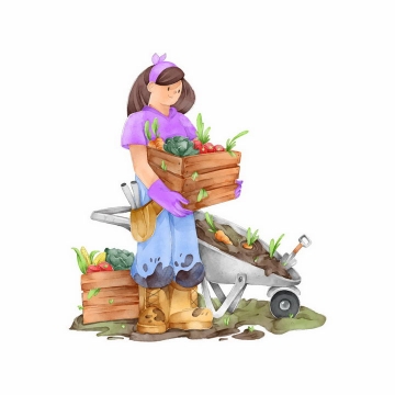 手绘插画抱着有机蔬菜的女农民干农活png图片免抠素材