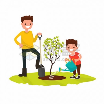 3月12日植树节和爸爸一起种树的卡通小男孩png图片免抠矢量素材