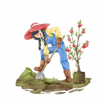 手绘插画栽种果树的女农民植树干农活png图片免抠素材