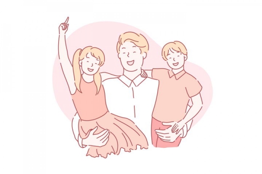 手绘彩色上色线条漫画风格拥抱儿子和女儿的爸爸图片免抠素材