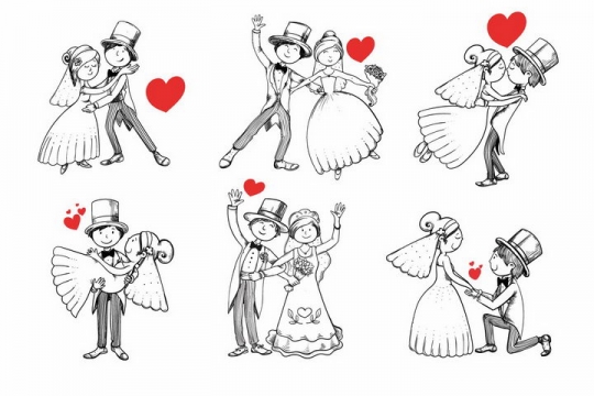 6款手绘风格跳舞的卡通新娘新郎放出红心爱心婚礼婚姻结婚png图片免抠矢量素材