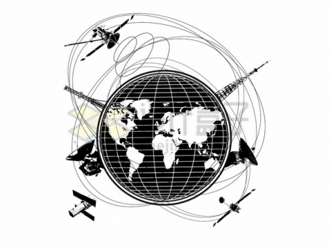 各种通信卫星围绕地球飞行黑白插画png图片素材