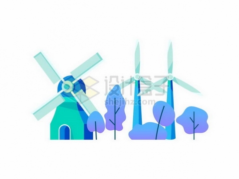 蓝紫色的大风车和风力发电机插画825521png矢量图片素材