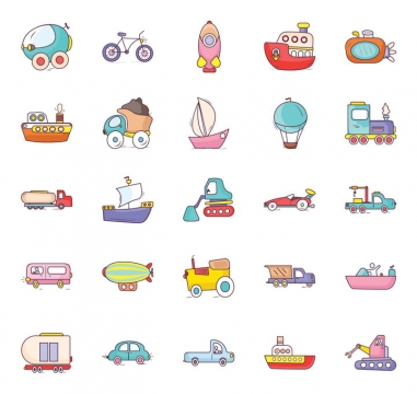 25款卡通风格汽车自行车火箭轮船潜水艇等交通工具icon图标图片免抠矢量素材