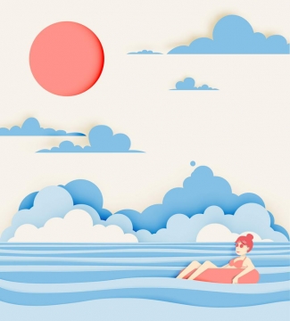 剪纸叠加风格在海面上漂流的女孩插画素材